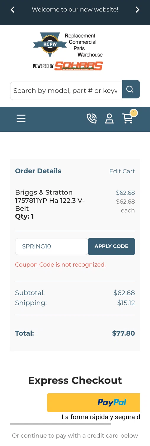 RCPW discount code screenshot showing code SPRING10 applied at RCPW checkout page. Uploaded by SimplyCodes community member CarmenAyuth on Feb 22, 2025