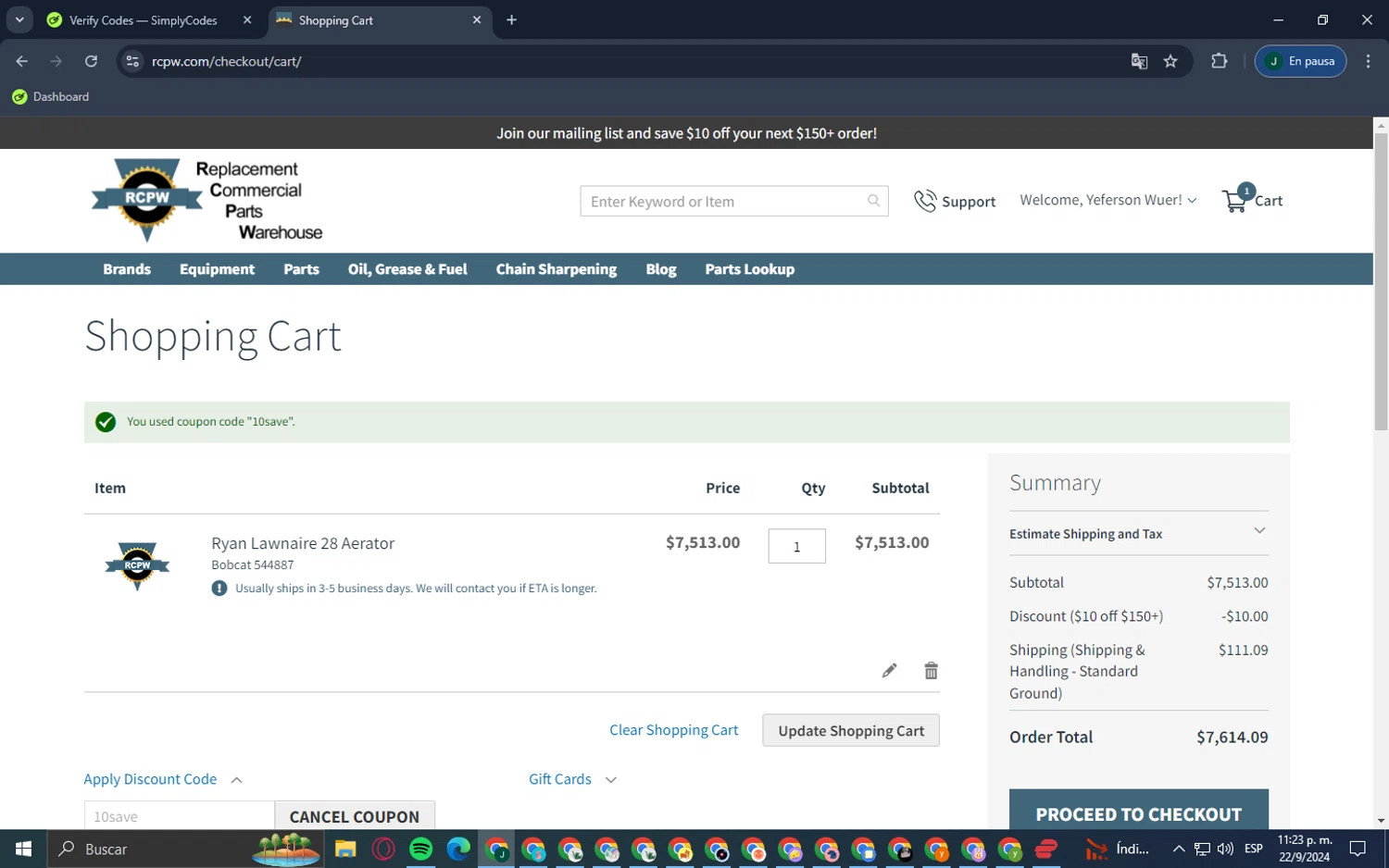 RCPW checkout page showing RCPW discount code box | Screenshot taken by SimplyCodes community member on Sep 23, 2024
