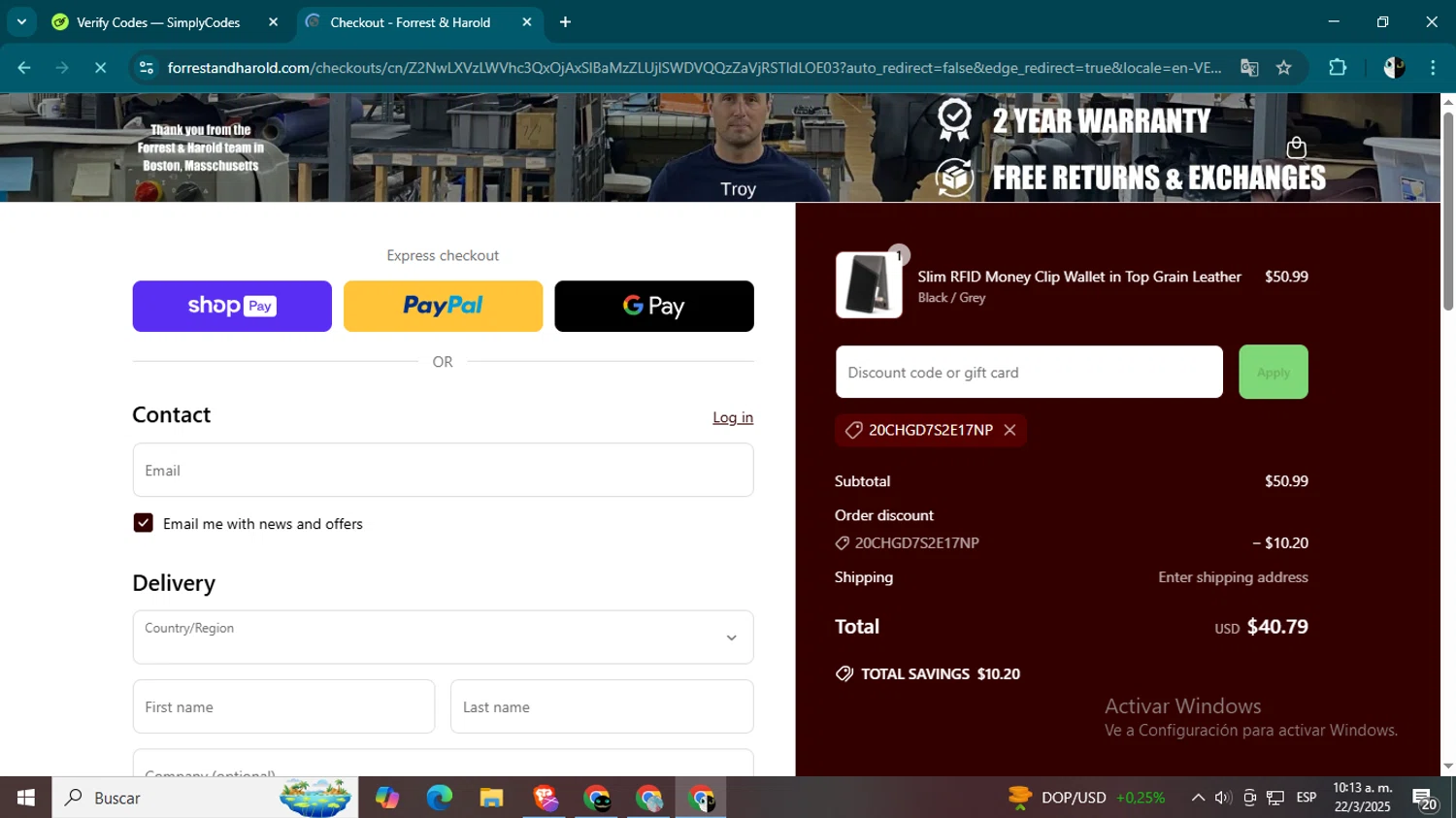 RCS Research checkout page showing RCS Research coupon code box | Screenshot taken by SimplyCodes community member on Mar 22, 2025