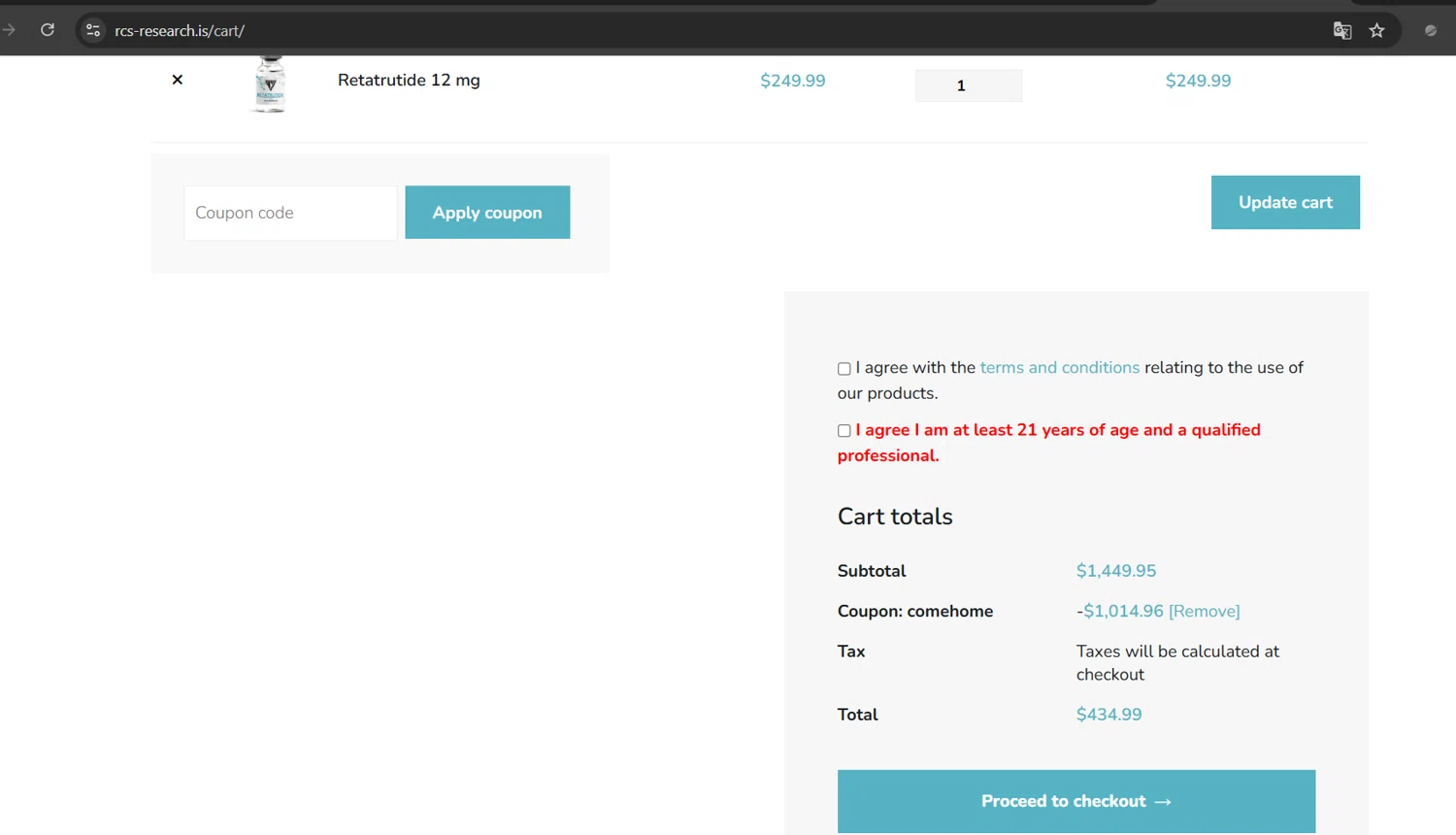 RCS Research checkout page showing RCS Research coupon code box | Screenshot taken by SimplyCodes community member on Mar 15, 2025