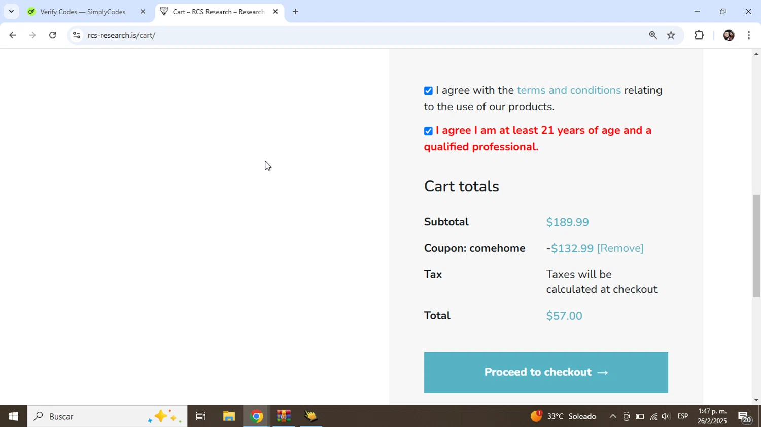 RCS Research checkout page showing RCS Research coupon code box | Screenshot taken by SimplyCodes community member on Feb 26, 2025