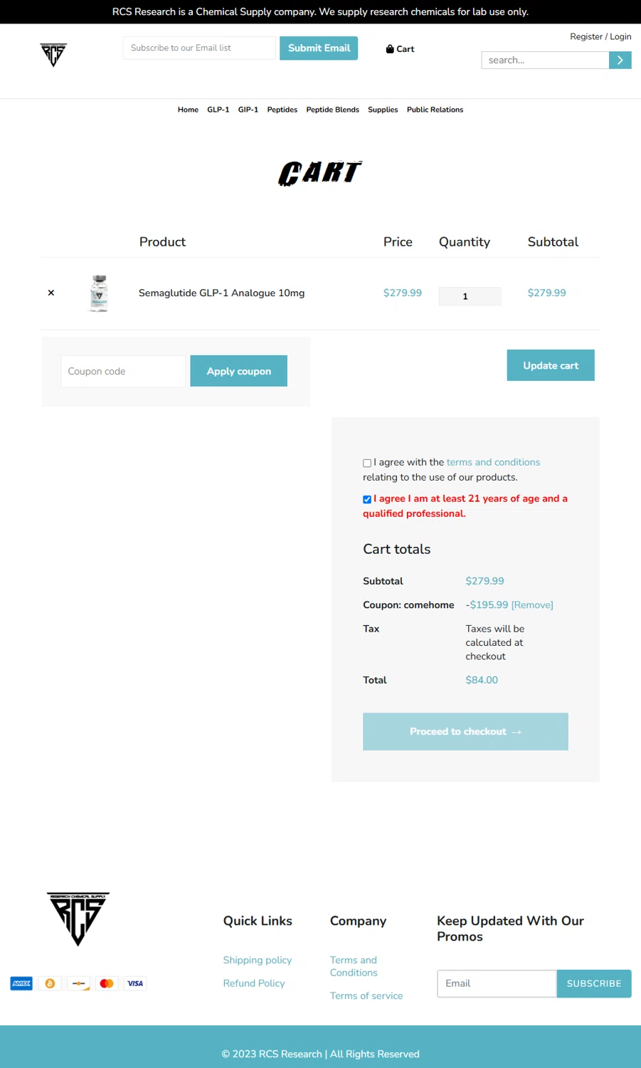 RCS Research checkout page showing RCS Research coupon code box | Screenshot taken by SimplyCodes community member on Feb 26, 2025