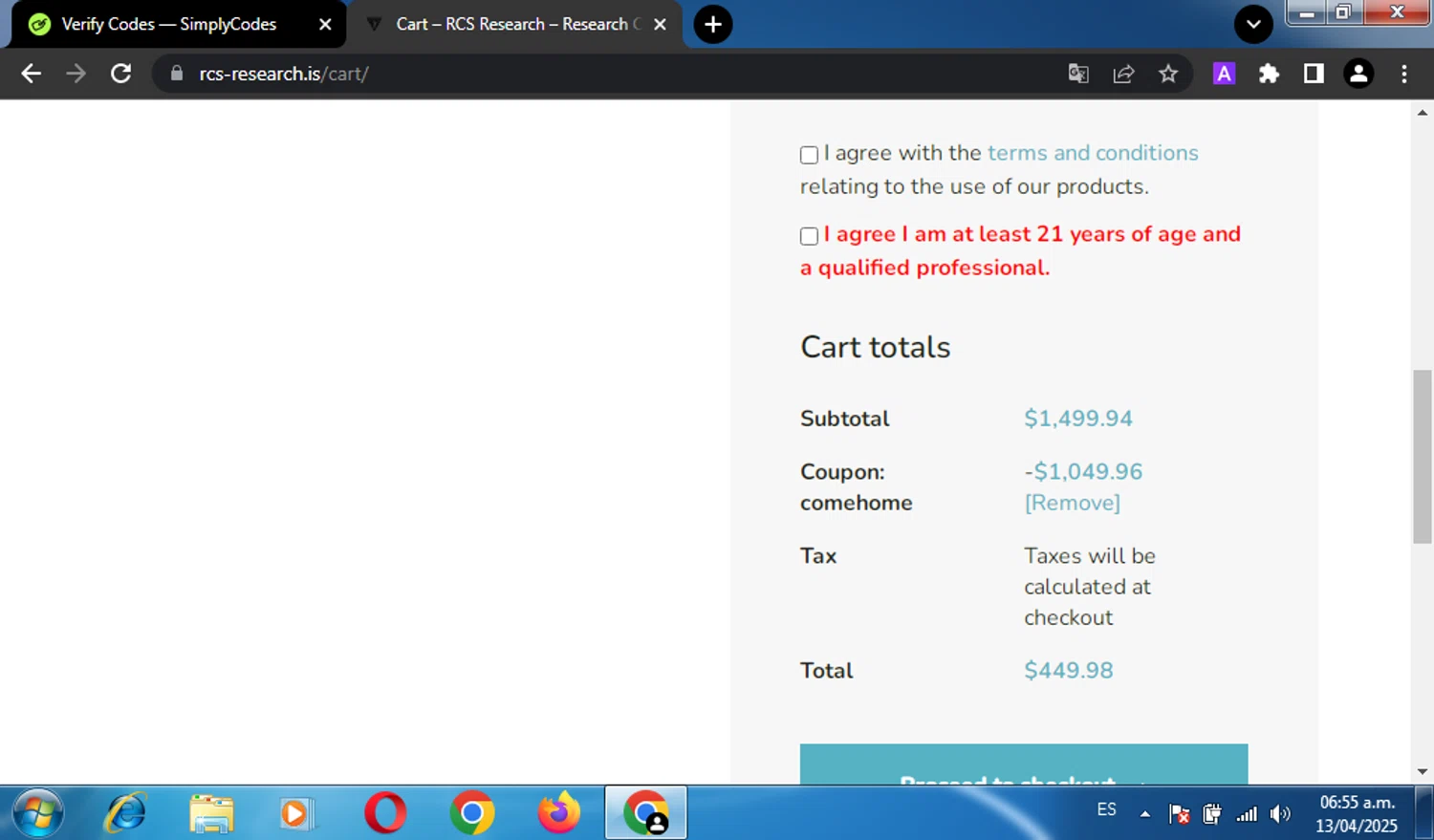 RCS Research checkout page showing RCS Research coupon code box | Screenshot taken by SimplyCodes community member on Apr 13, 2025