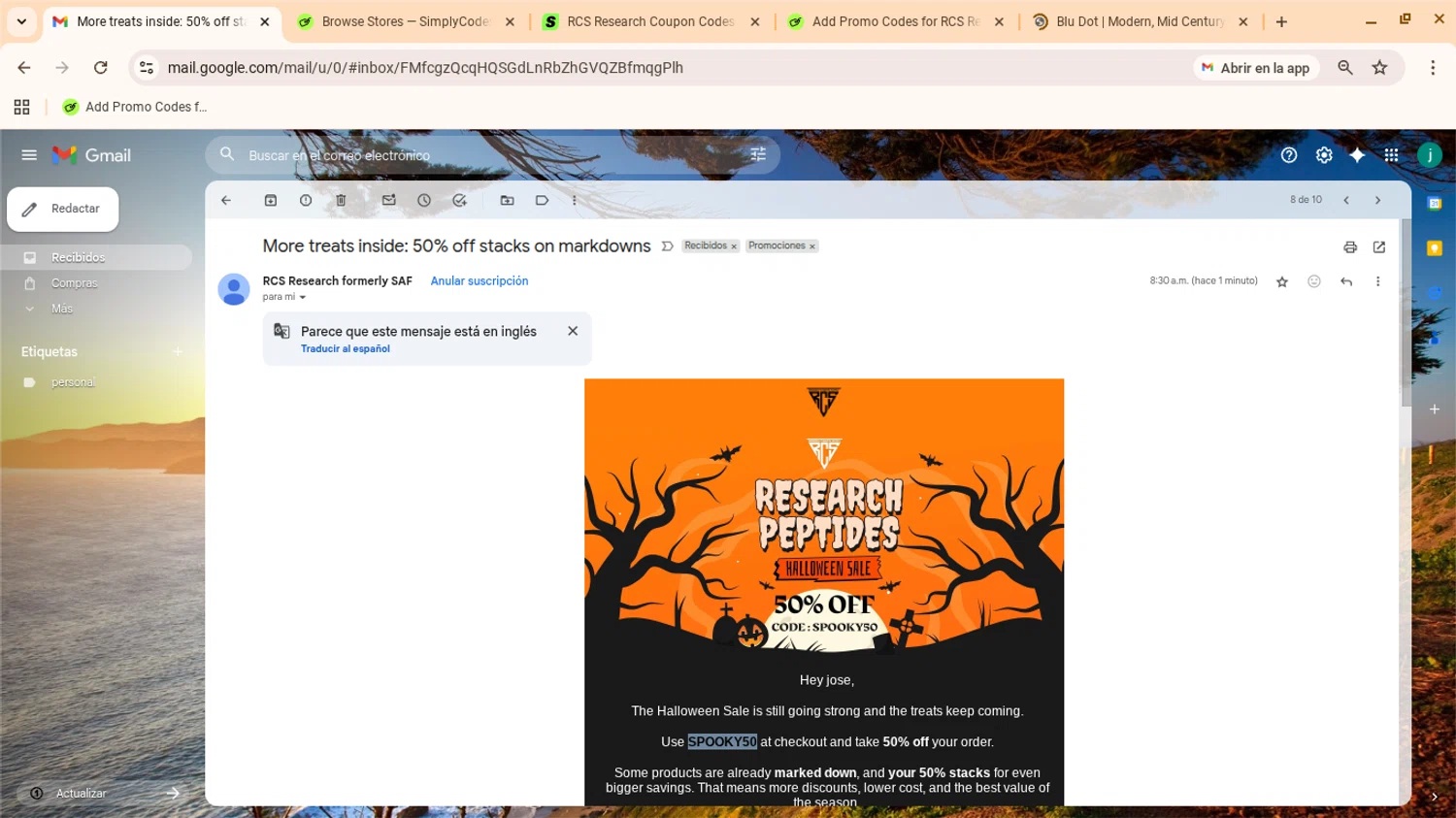 RCS Research coupon code screenshot showing code SPOOKY50 applied at RCS Research checkout page. Uploaded by SimplyCodes community member yennifergonzalez on Oct 6, 2025