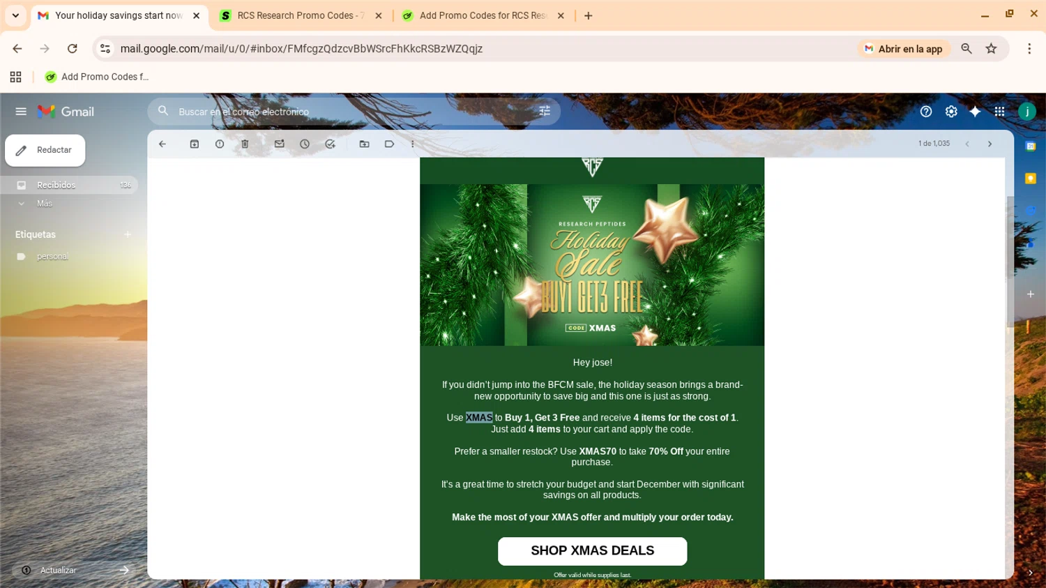 RCS Research coupon code screenshot showing code XMAS applied at RCS Research checkout page. Uploaded by SimplyCodes community member yennifergonzalez on Dec 4, 2025