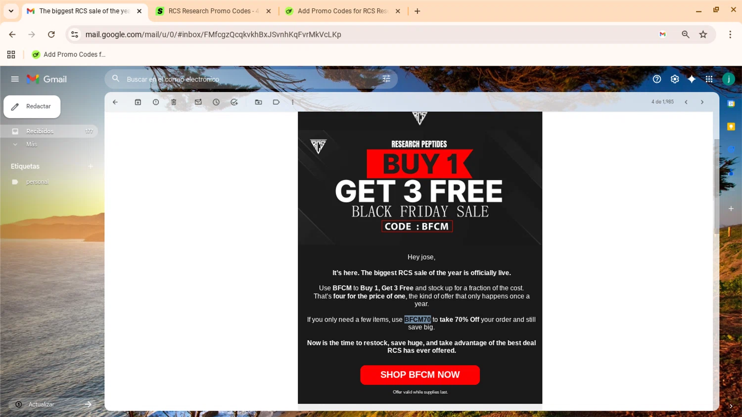 RCS Research coupon code screenshot showing code BFCM70 applied at RCS Research checkout page. Uploaded by SimplyCodes community member yennifergonzalez on Nov 6, 2025