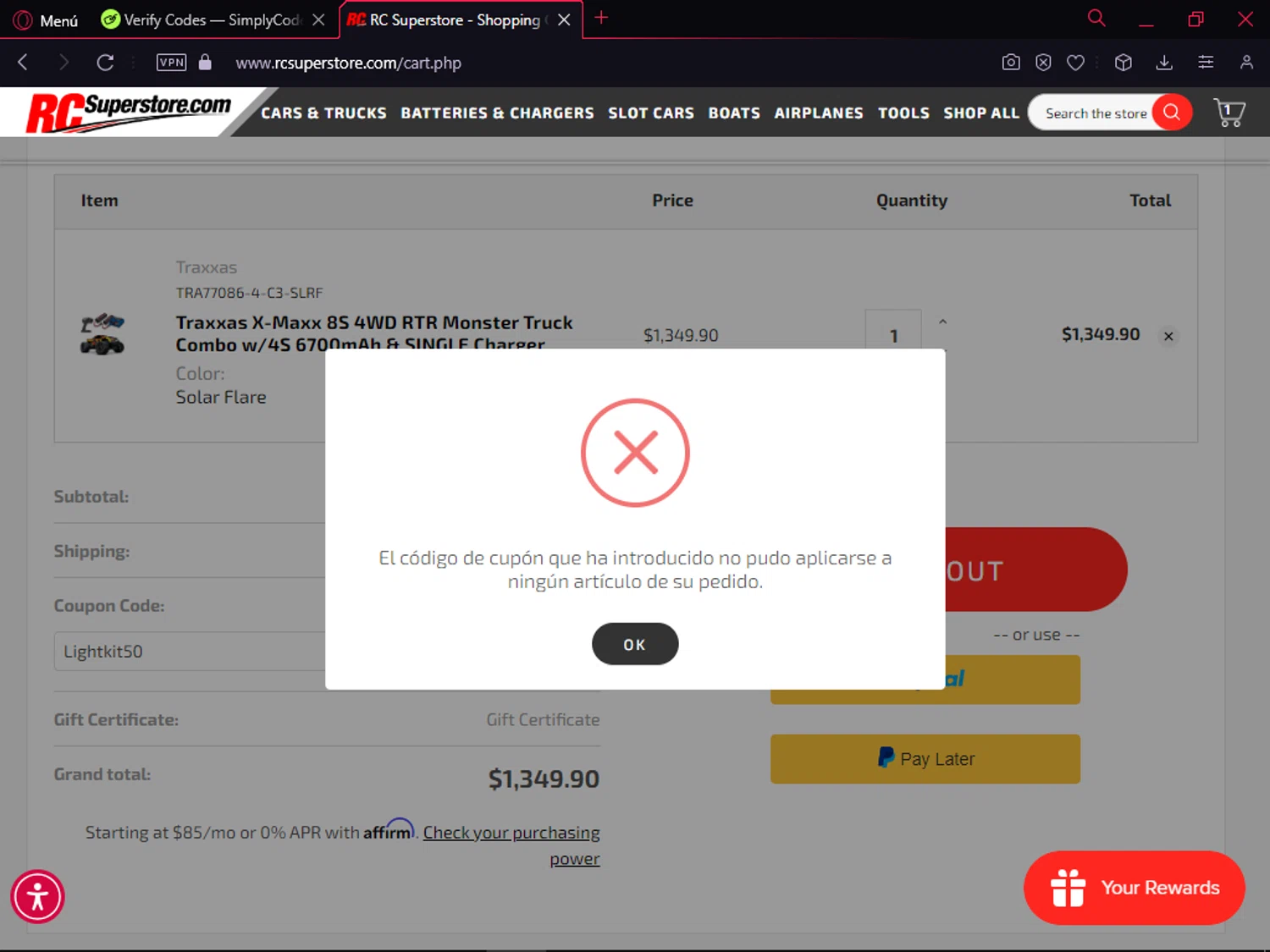 RC Superstore checkout page showing RC Superstore coupon code box | Screenshot taken by SimplyCodes community member on May 18, 2024