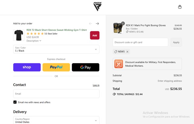 RDX Sports checkout page showing RDX Sports discount code box | Screenshot taken by SimplyCodes community member on Sep 8, 2025