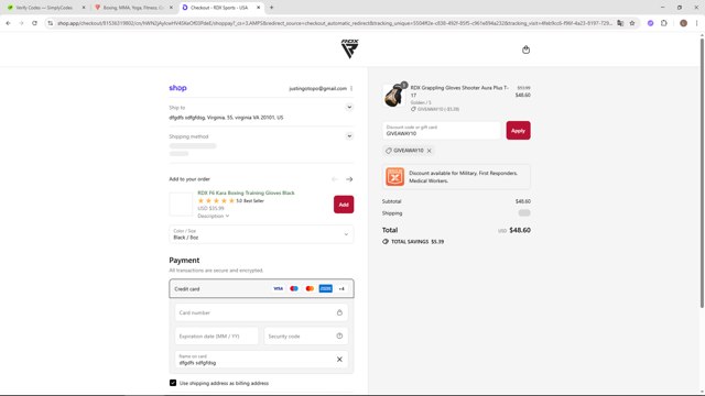 RDX Sports checkout page showing RDX Sports discount code box | Screenshot taken by SimplyCodes community member on Sep 8, 2025
