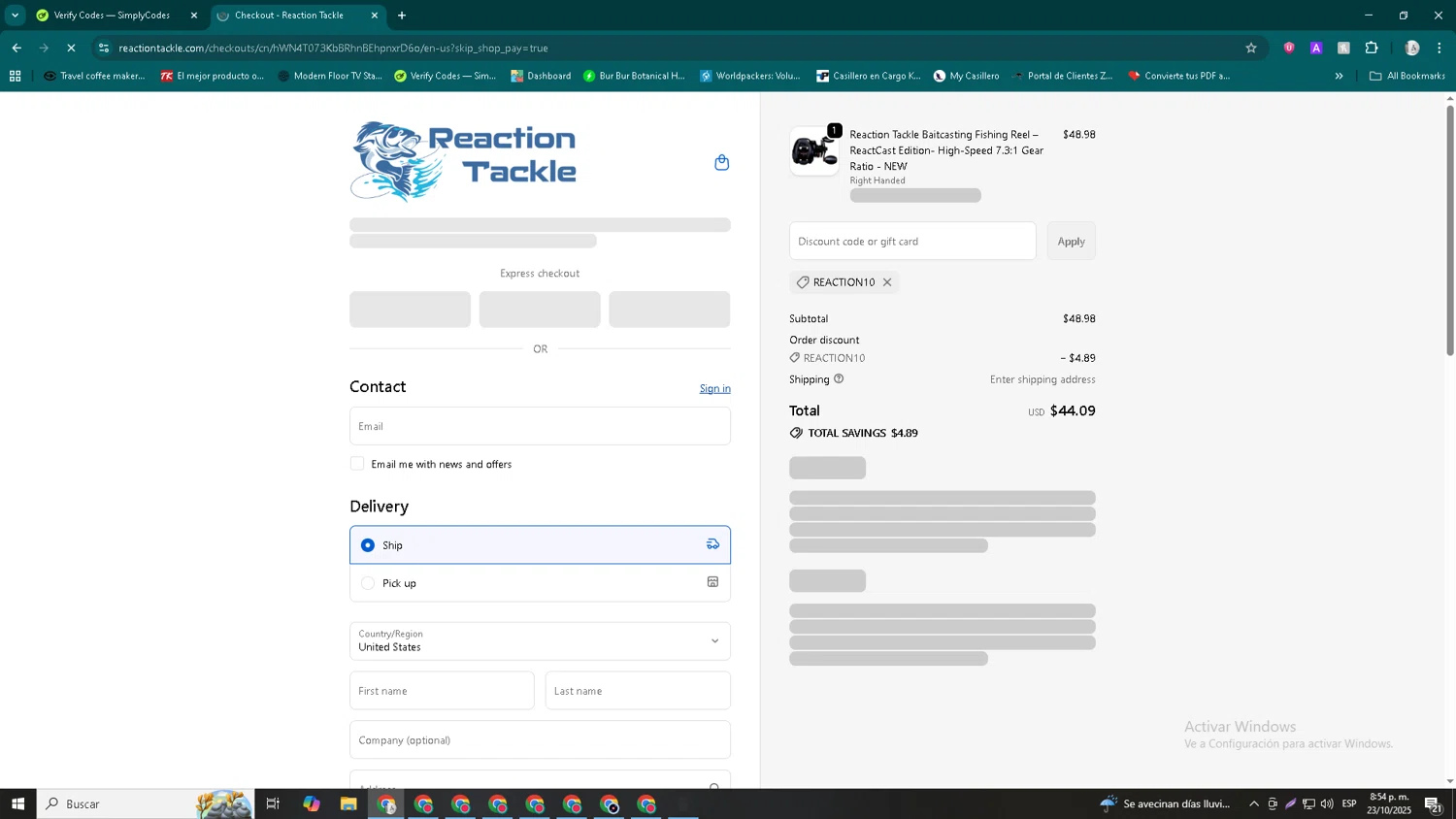 Reaction Tackle discount code screenshot showing code REACTION10 applied at Reaction Tackle checkout page. Uploaded by SimplyCodes community member John_Johnson on Oct 24, 2025