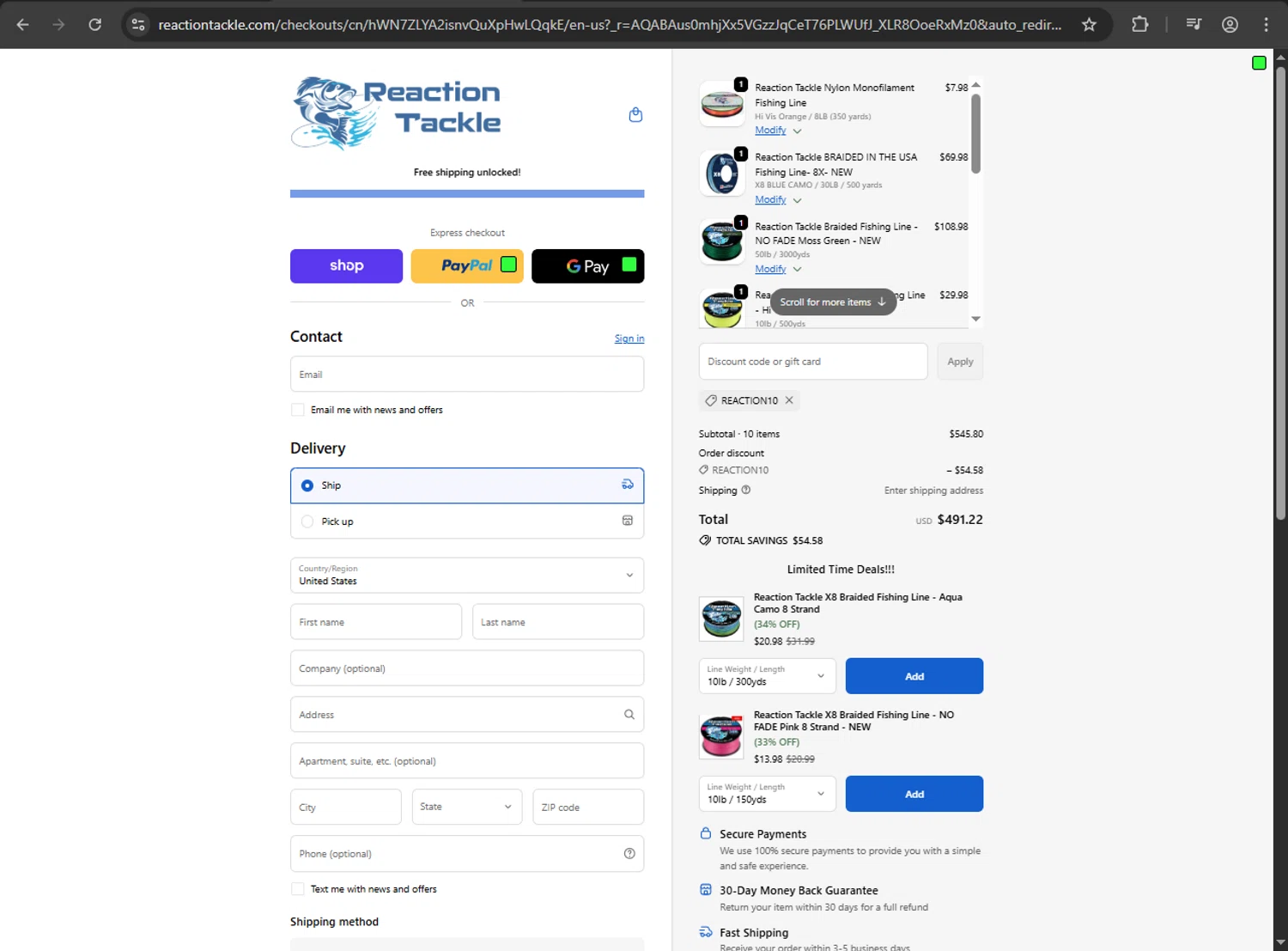 Reaction Tackle discount code screenshot showing code REACTION10 applied at Reaction Tackle checkout page. Uploaded by SimplyCodes community member megagei on Jan 13, 2026
