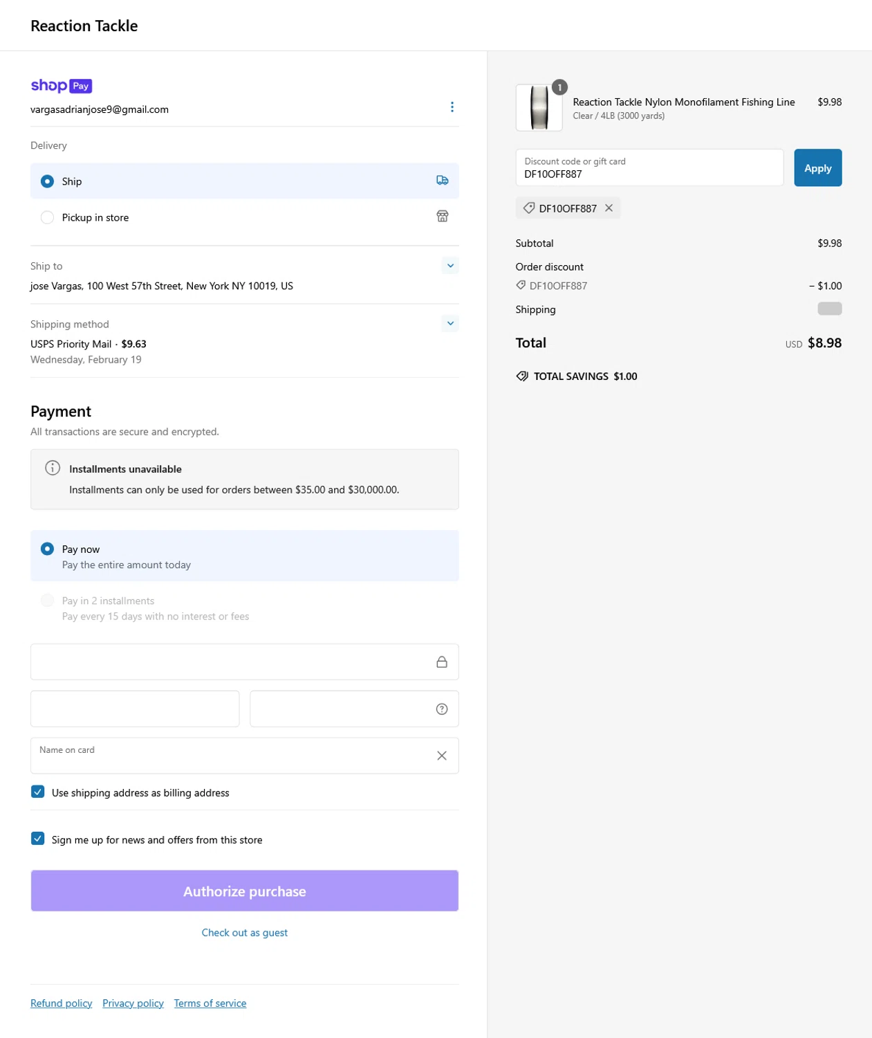 Reaction Tackle discount code screenshot showing code DF10OFF887 applied at Reaction Tackle checkout page. Uploaded by SimplyCodes community member WladimirV on Feb 14, 2025