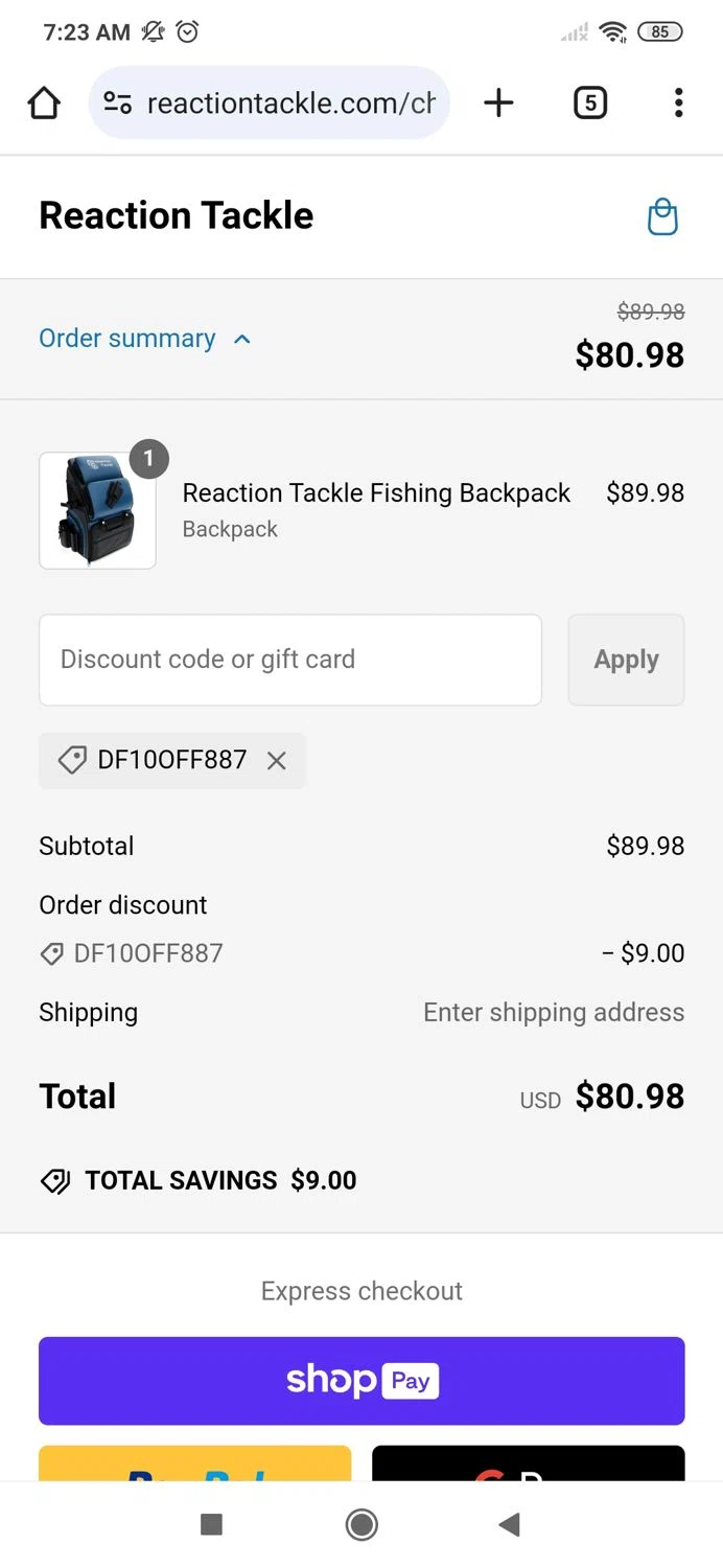 Reaction Tackle discount code screenshot showing code DF10OFF887 applied at Reaction Tackle checkout page. Uploaded by SimplyCodes community member MightyBoss9975 on Feb 14, 2025