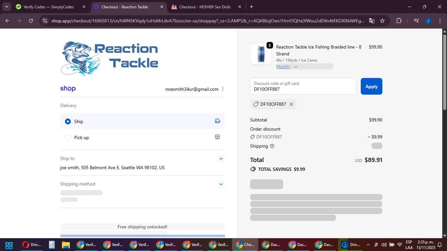 Reaction Tackle discount code screenshot showing code DF10OFF887 applied at Reaction Tackle checkout page. Uploaded by SimplyCodes community member noesmith34ur on Nov 15, 2025