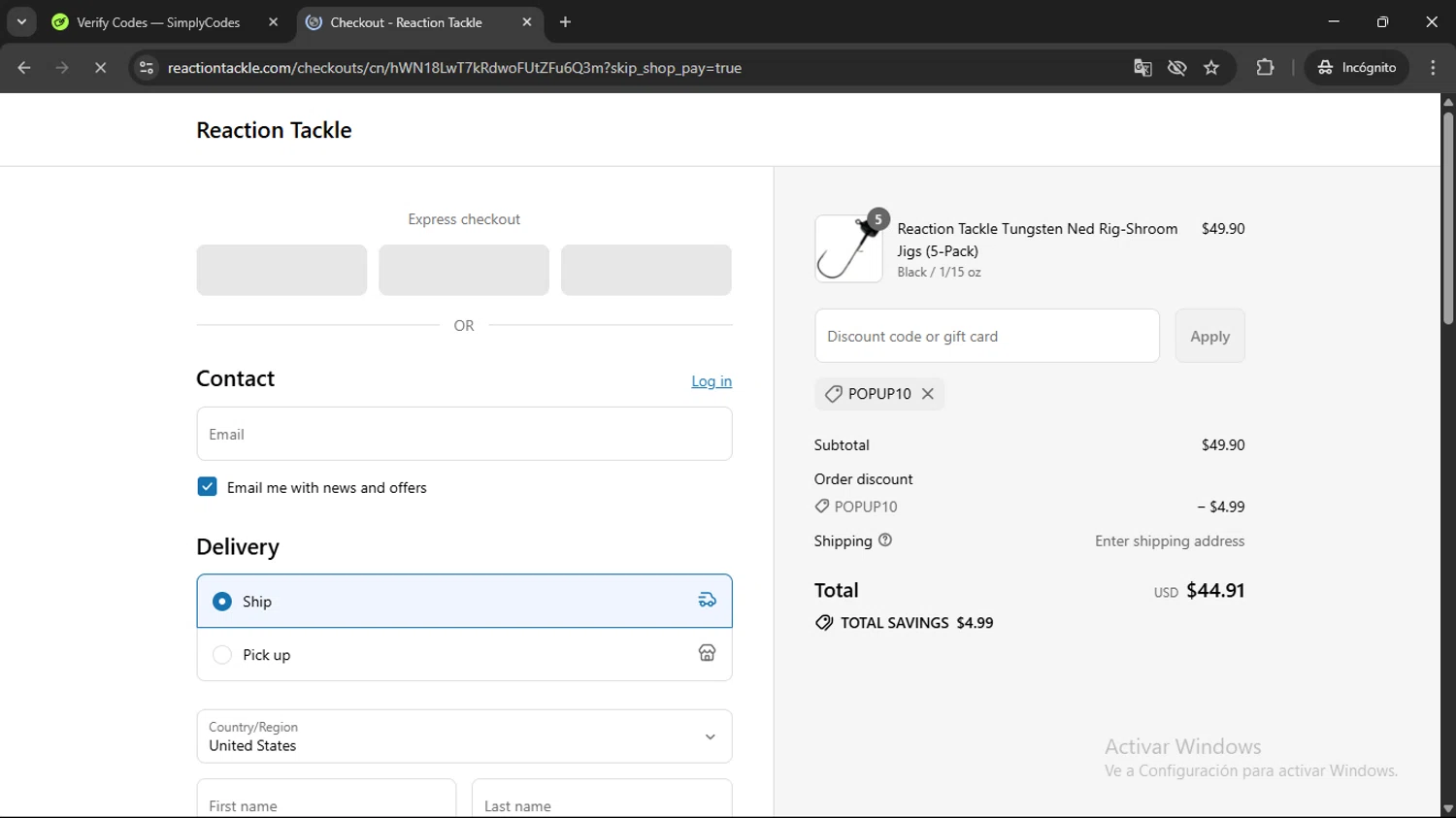 Reaction Tackle discount code screenshot showing code POPUP10 applied at Reaction Tackle checkout page. Uploaded by SimplyCodes community member CBR600 on Jul 28, 2025