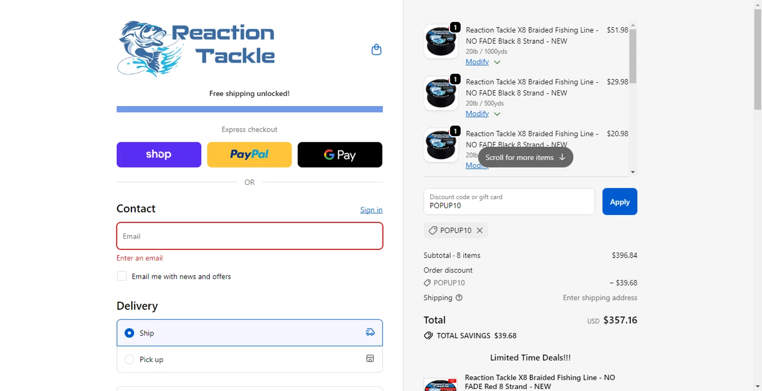 Reaction Tackle discount code screenshot showing code POPUP10 applied at Reaction Tackle checkout page. Uploaded by SimplyCodes community member CodeFinder699 on Oct 24, 2025