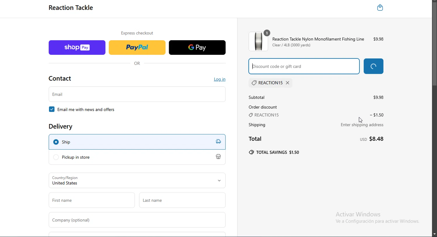 Reaction Tackle discount code screenshot showing code Reaction15 applied at Reaction Tackle checkout page. Uploaded by SimplyCodes community member Puta_madre10 on Mar 27, 2025