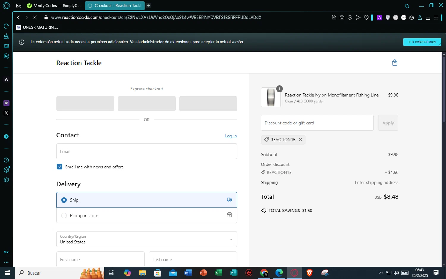 Reaction Tackle discount code screenshot showing code Reaction15 applied at Reaction Tackle checkout page. Uploaded by SimplyCodes community member TheJyzu on Feb 26, 2025