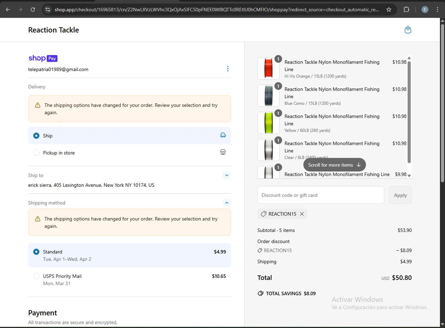 Reaction Tackle discount code screenshot showing code Reaction15 applied at Reaction Tackle checkout page. Uploaded by SimplyCodes community member ExtraordinaryMonarch4598 on Mar 27, 2025
