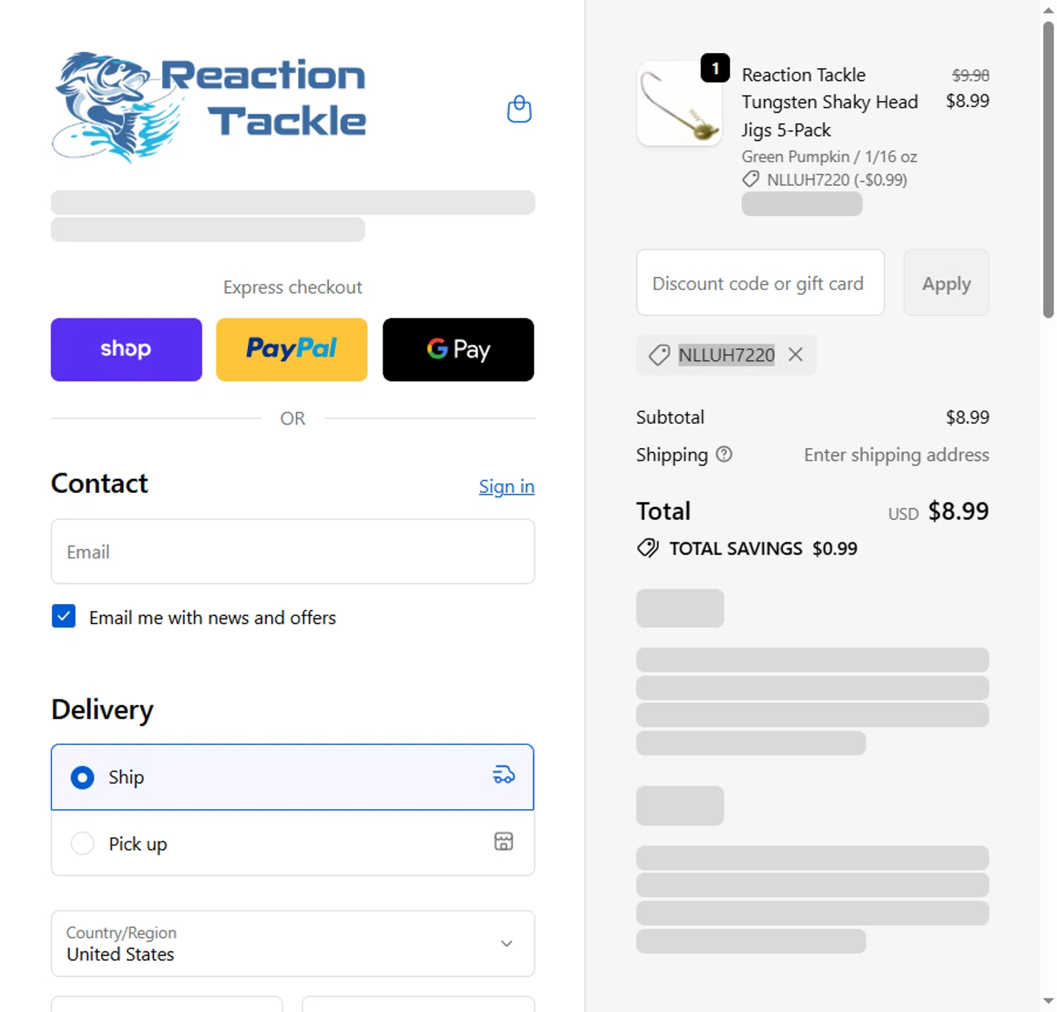 Reaction Tackle discount code screenshot showing code NLLUH7220 applied at Reaction Tackle checkout page. Uploaded by SimplyCodes community member BeaMartinez on Dec 6, 2025