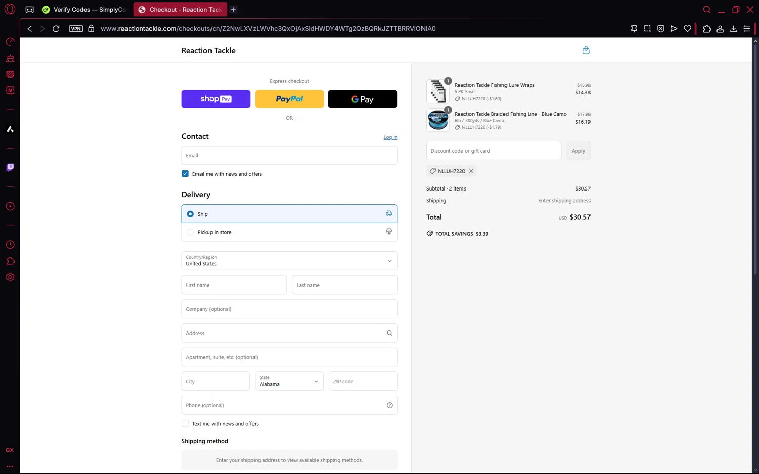 Reaction Tackle discount code screenshot showing code NLLUH7220 applied at Reaction Tackle checkout page. Uploaded by SimplyCodes community member frijolito on May 30, 2025