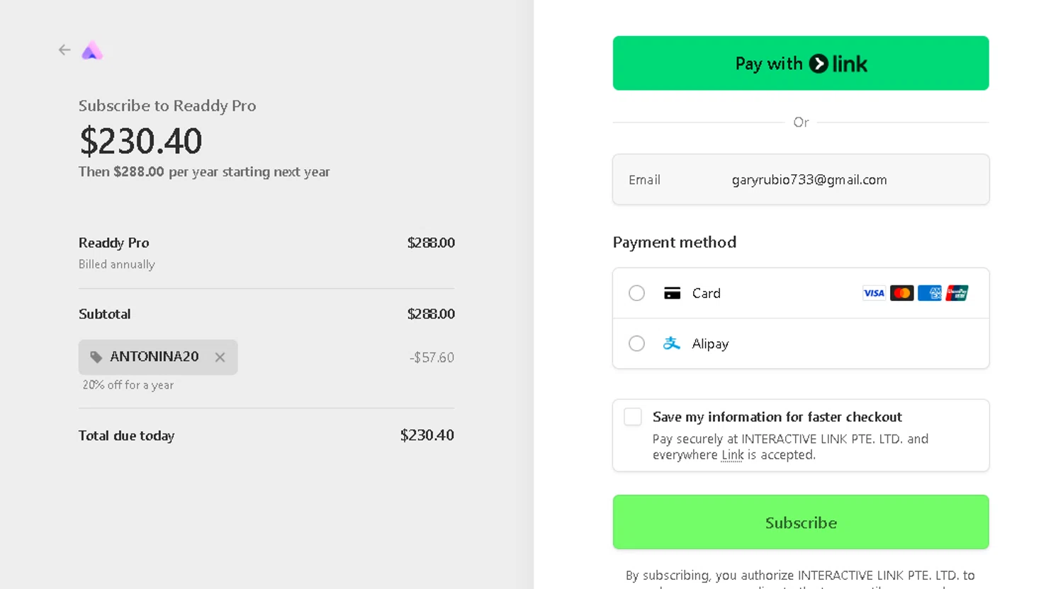 Readdy promo code screenshot showing code Antonina20 applied at Readdy checkout page. Uploaded by SimplyCodes community member BLUEBLASTOISE on Oct 26, 2025