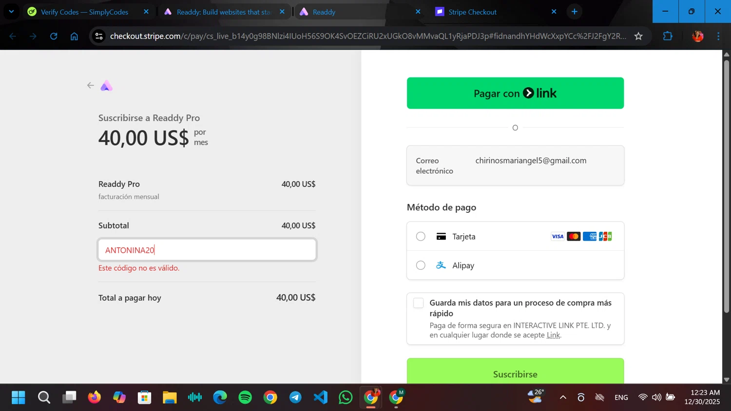 Readdy promo code screenshot showing code Antonina20 applied at Readdy checkout page. Uploaded by SimplyCodes community member ELGOAT on Dec 30, 2025