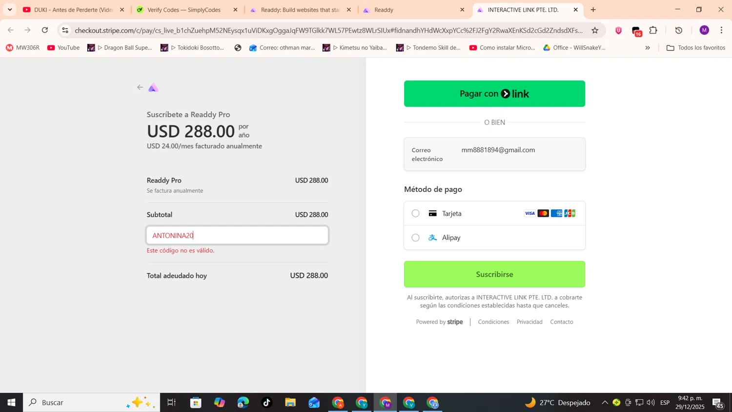 Readdy promo code screenshot showing code Antonina20 applied at Readdy checkout page. Uploaded by SimplyCodes community member cod_gakpo on Dec 30, 2025