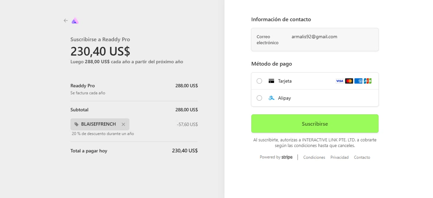 Readdy promo code screenshot showing code BLAISEFFRENCH applied at Readdy checkout page. Uploaded by SimplyCodes community member armalissolorzano1 on Jan 29, 2026