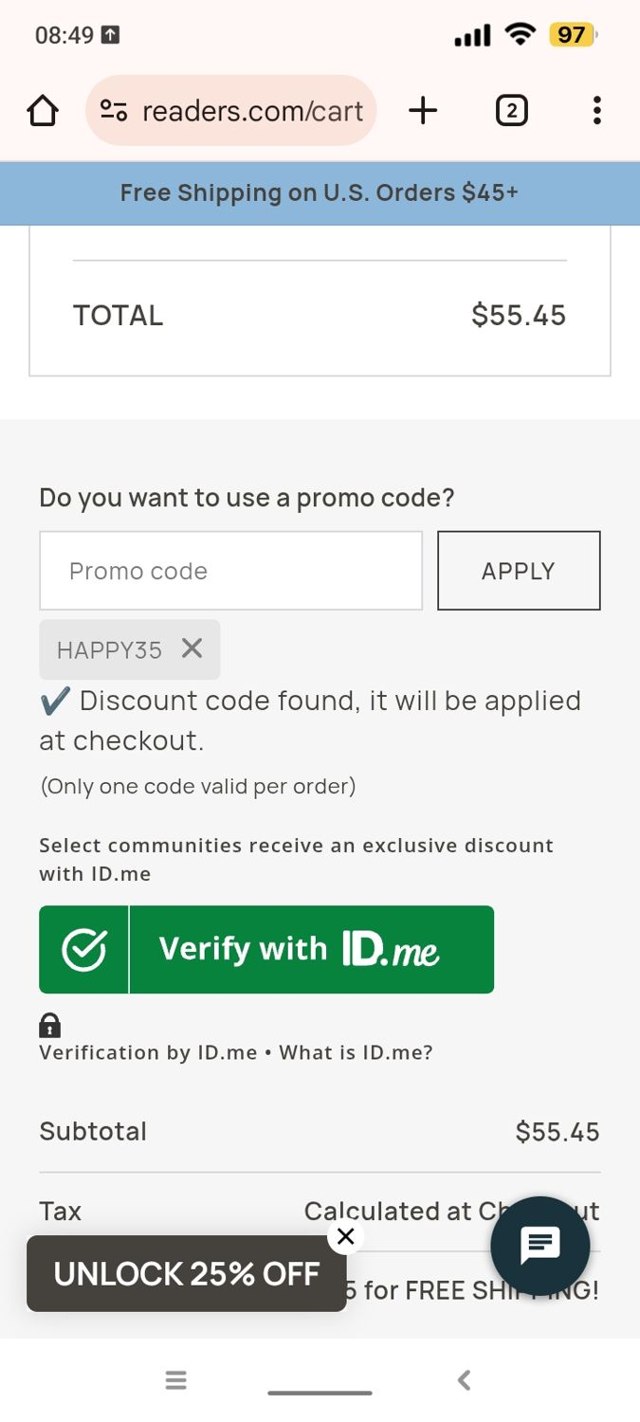 Readers.com checkout page showing Readers.com coupon code box | Screenshot taken by SimplyCodes community member on Sep 6, 2025