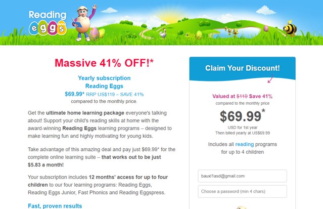 Reading Eggs checkout page showing Reading Eggs coupon code box | Screenshot taken by SimplyCodes community member on Oct 8, 2024