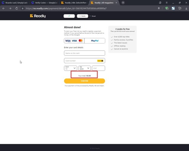 Readly checkout page showing Readly discount code box | Screenshot taken by SimplyCodes community member on Apr 21, 2022