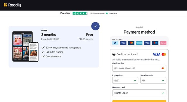 Readly checkout page showing Readly discount code box | Screenshot taken by SimplyCodes community member on Aug 6, 2025