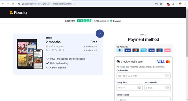 Readly checkout page showing Readly discount code box | Screenshot taken by SimplyCodes community member on Feb 20, 2025