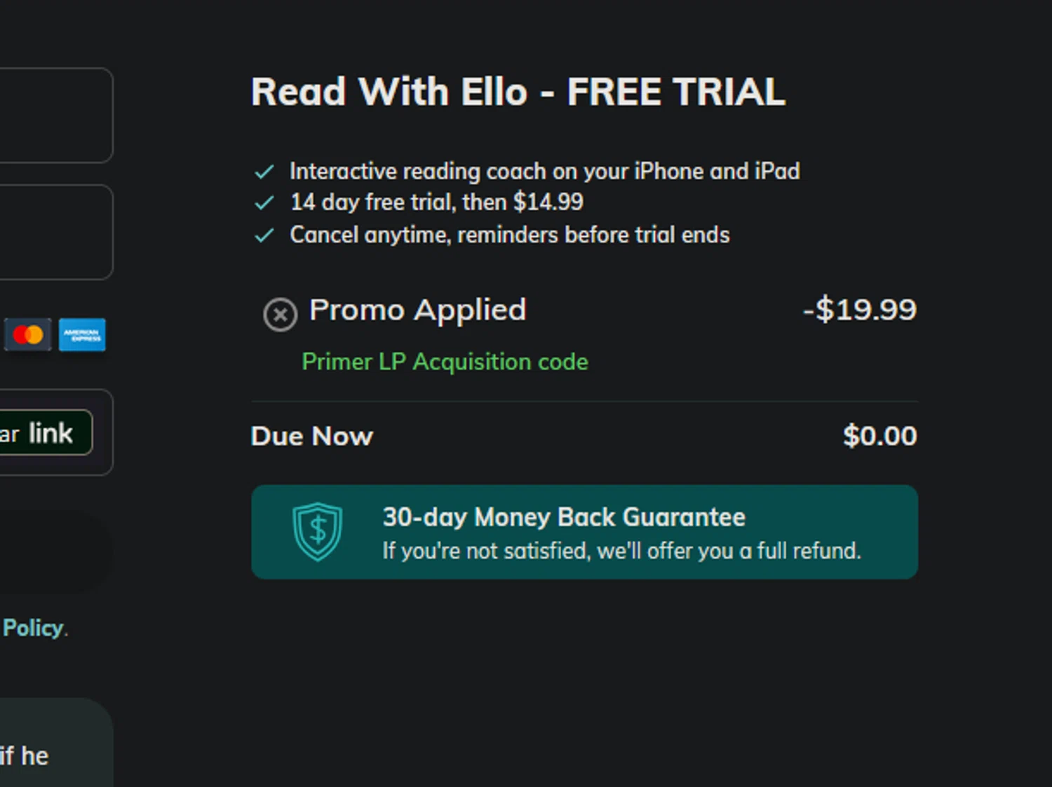 Read With Ello checkout page showing Read With Ello promo code box | Screenshot taken by SimplyCodes community member on Feb 5, 2026