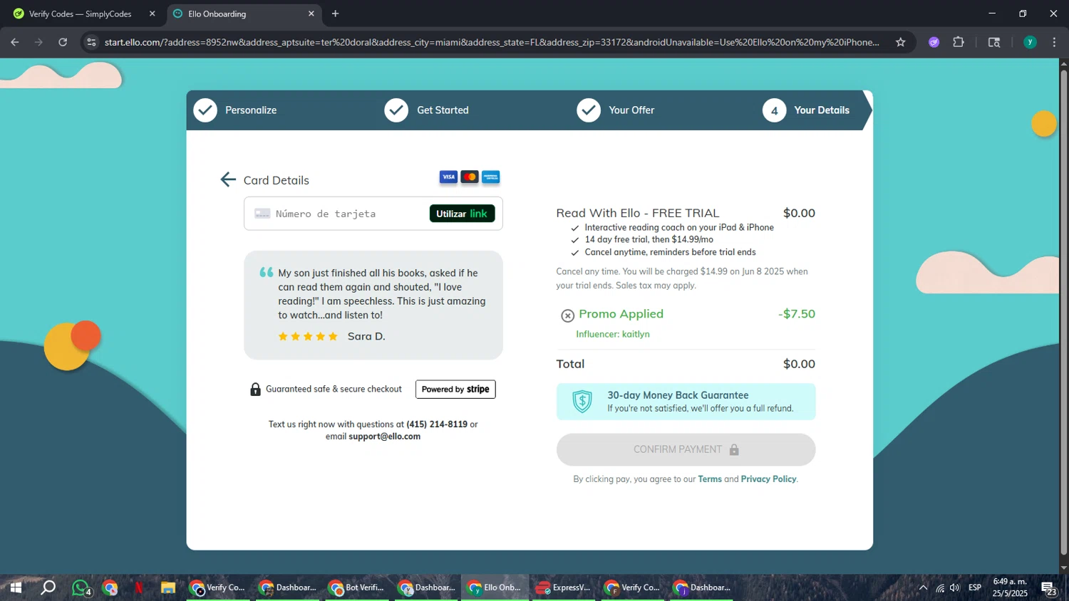 Read With Ello promo code screenshot showing code KAITLYN24 applied at Read With Ello checkout page. Uploaded by SimplyCodes community member FrugalCaptain6906 on May 25, 2025