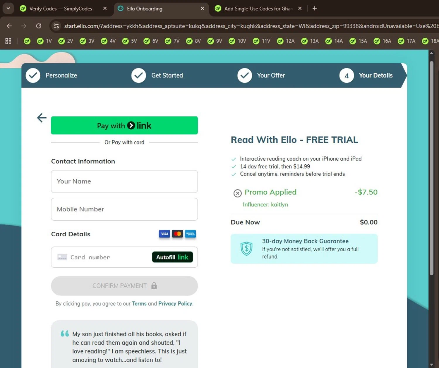 Read With Ello checkout page showing Read With Ello promo code box | Screenshot taken by SimplyCodes community member on Feb 8, 2026