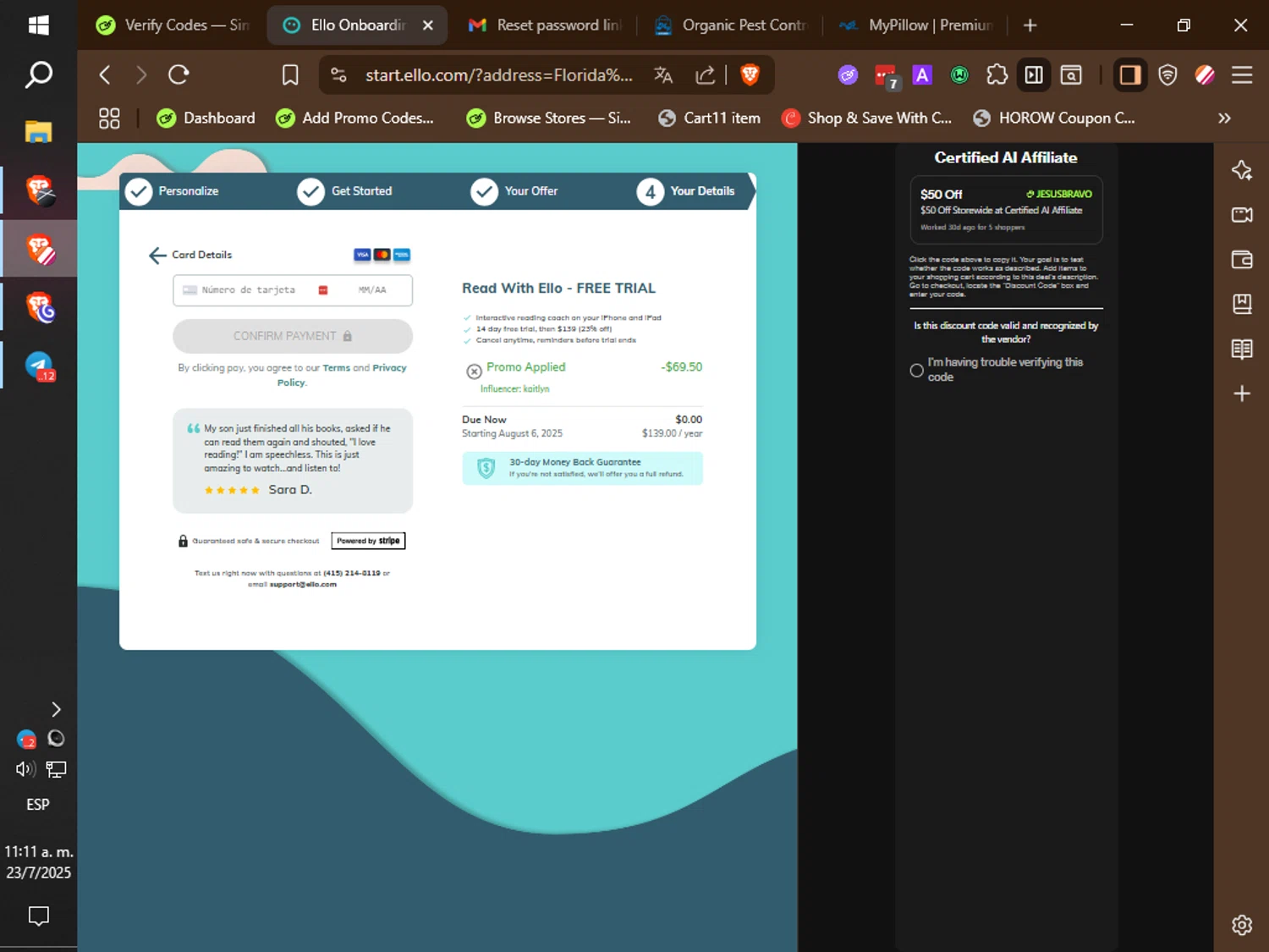 Read With Ello promo code screenshot showing code KAITLYN24 applied at Read With Ello checkout page. Uploaded by SimplyCodes community member IronMind4607 on Jul 23, 2025