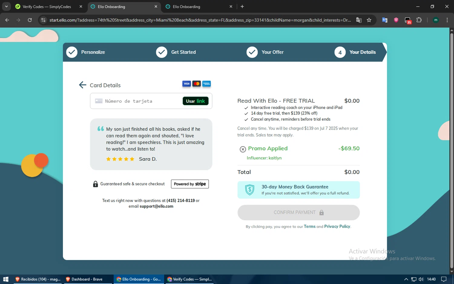 Read With Ello promo code screenshot showing code KAITLYN24 applied at Read With Ello checkout page. Uploaded by SimplyCodes community member usuario500 on Jun 23, 2025