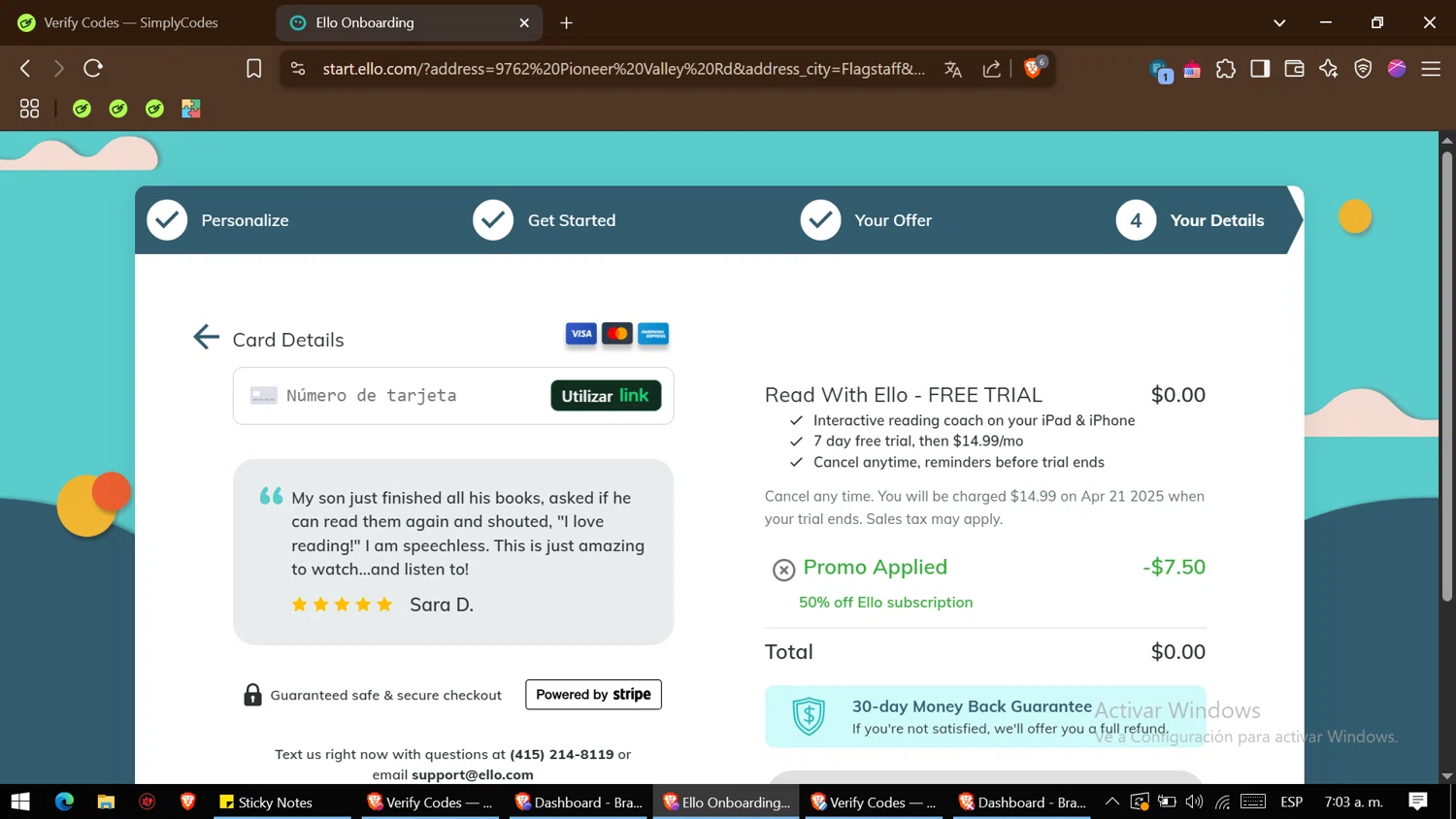 Read With Ello promo code screenshot showing code ELLO50 applied at Read With Ello checkout page. Uploaded by SimplyCodes community member BonusHero4456 on Apr 14, 2025