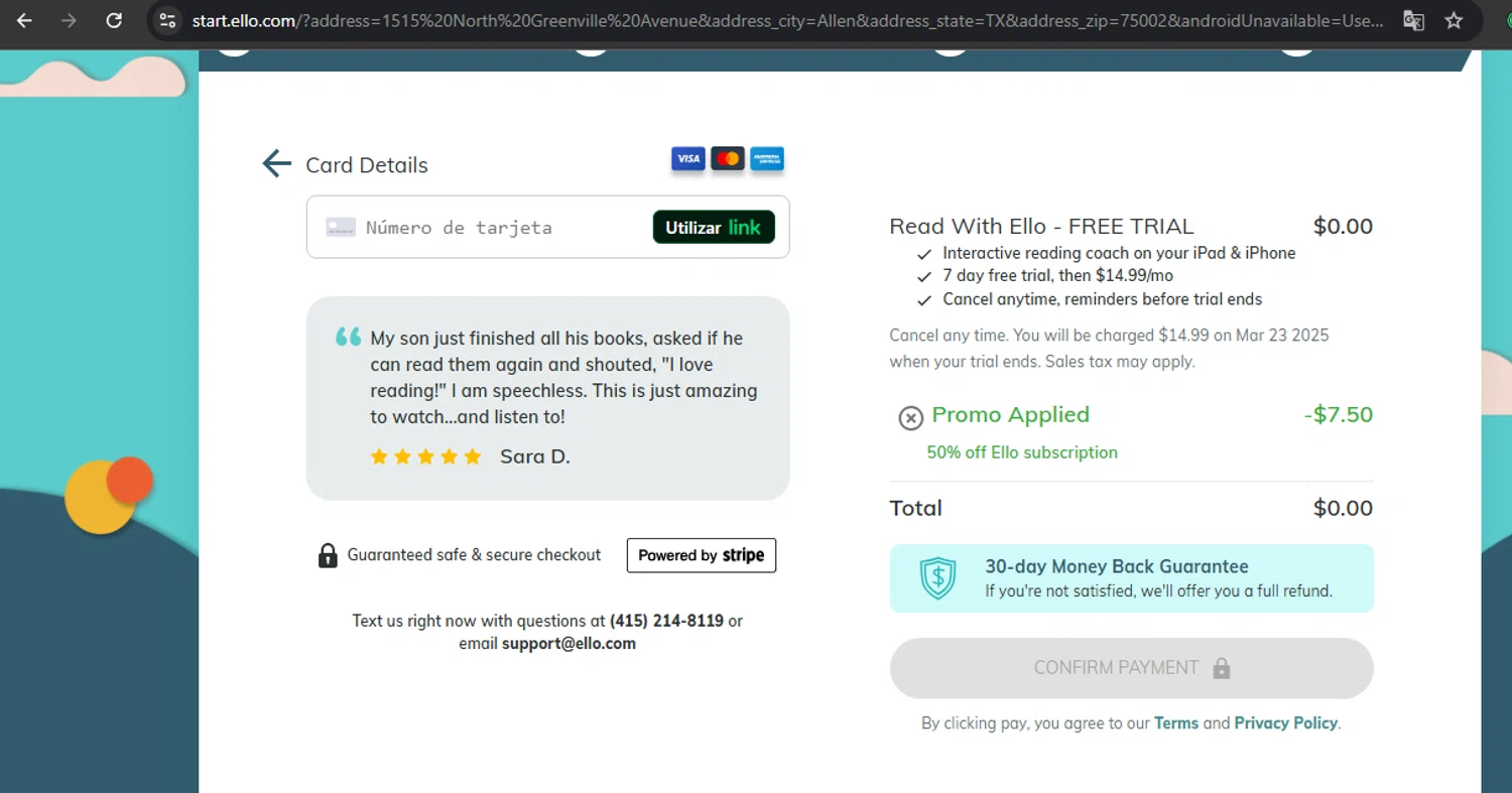 Read With Ello promo code screenshot showing code ELLO50 applied at Read With Ello checkout page. Uploaded by SimplyCodes community member RoyalSpotter5217 on Mar 16, 2025