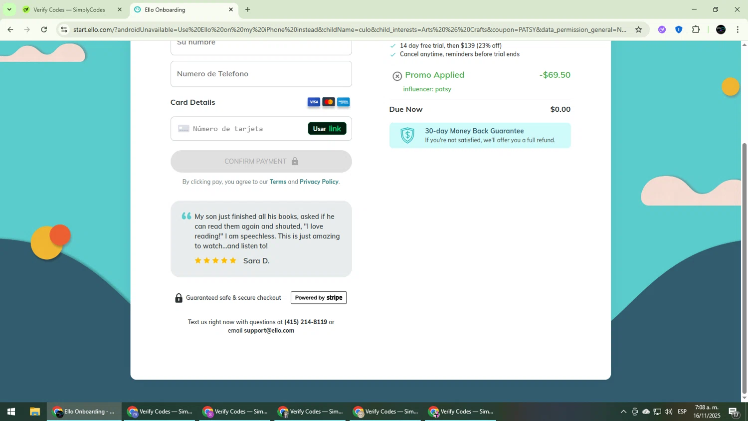 Read With Ello promo code screenshot showing code PATSY applied at Read With Ello checkout page. Uploaded by SimplyCodes community member CarmenVGR on Nov 16, 2025