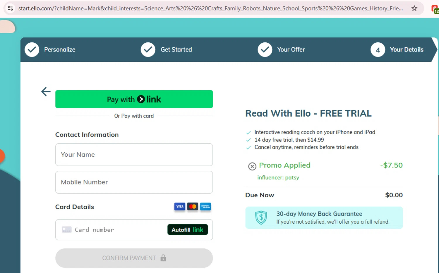 Read With Ello promo code screenshot showing code PATSY applied at Read With Ello checkout page. Uploaded by SimplyCodes community member GloriousCollector9521 on Jan 13, 2026