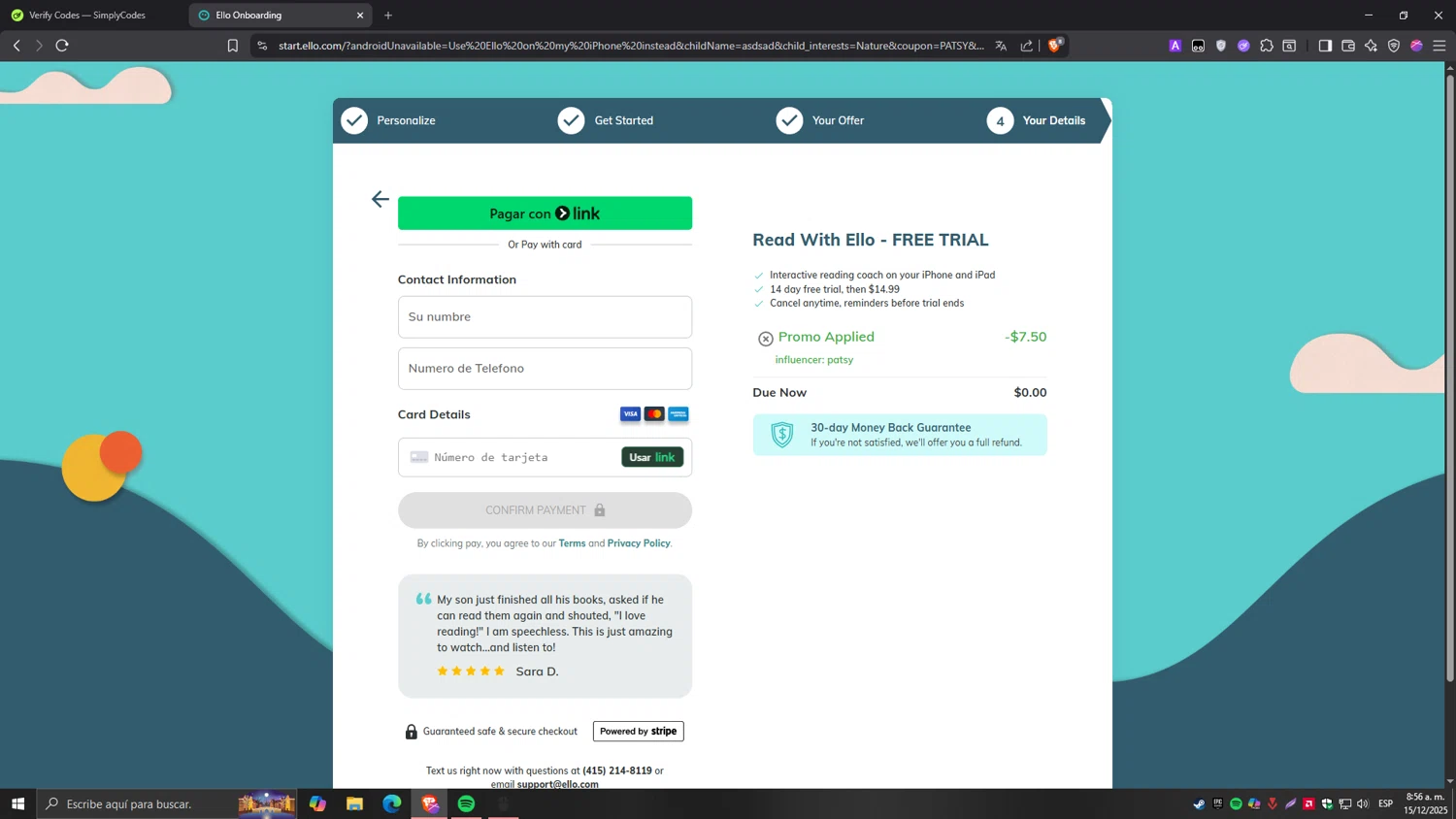 Read With Ello promo code screenshot showing code PATSY applied at Read With Ello checkout page. Uploaded by SimplyCodes community member Tragedy on Dec 15, 2025