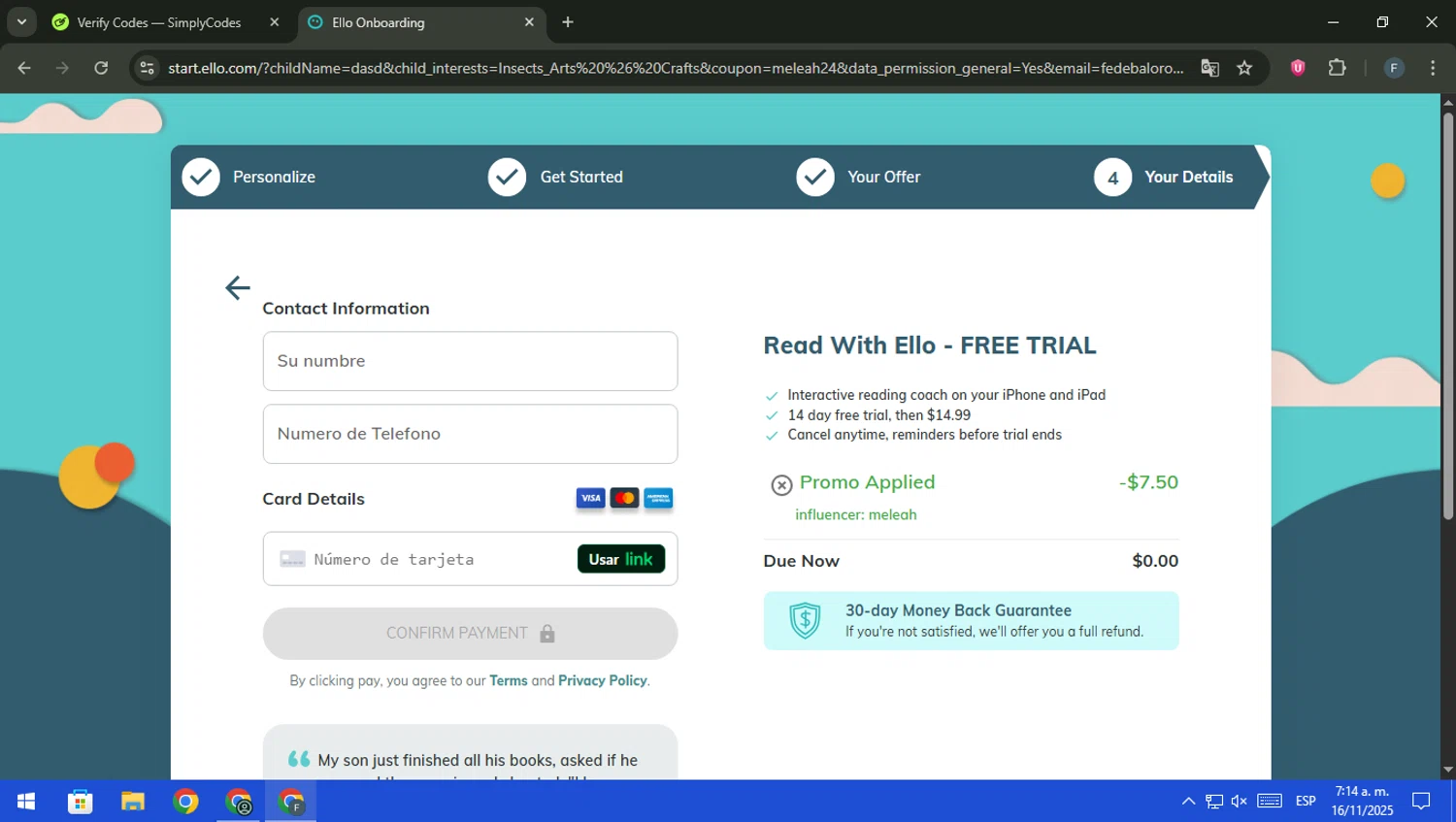 Read With Ello promo code screenshot showing code meleah24 applied at Read With Ello checkout page. Uploaded by SimplyCodes community member pajarito on Nov 16, 2025