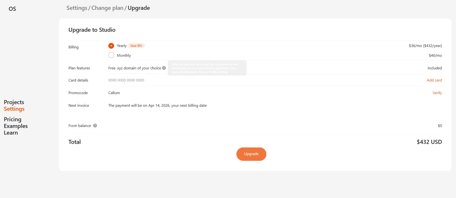 Readymag promo code screenshot showing code Callum applied at Readymag checkout page. Uploaded by SimplyCodes community member Frionel_Pessi on Apr 14, 2025