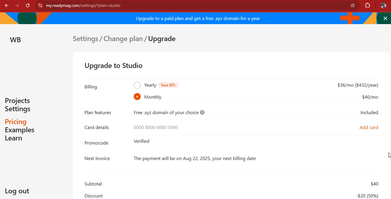 Readymag promo code screenshot showing code Callum applied at Readymag checkout page. Uploaded by SimplyCodes community member kimberlinmartinez on Jul 22, 2025