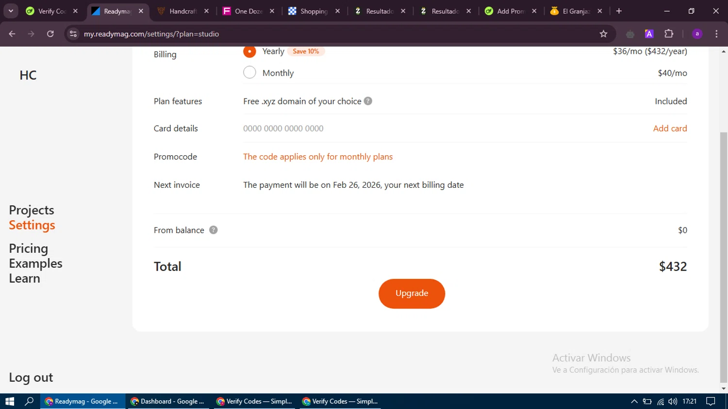 Readymag promo code screenshot showing code Callum applied at Readymag checkout page. Uploaded by SimplyCodes community member thethru on Feb 26, 2025