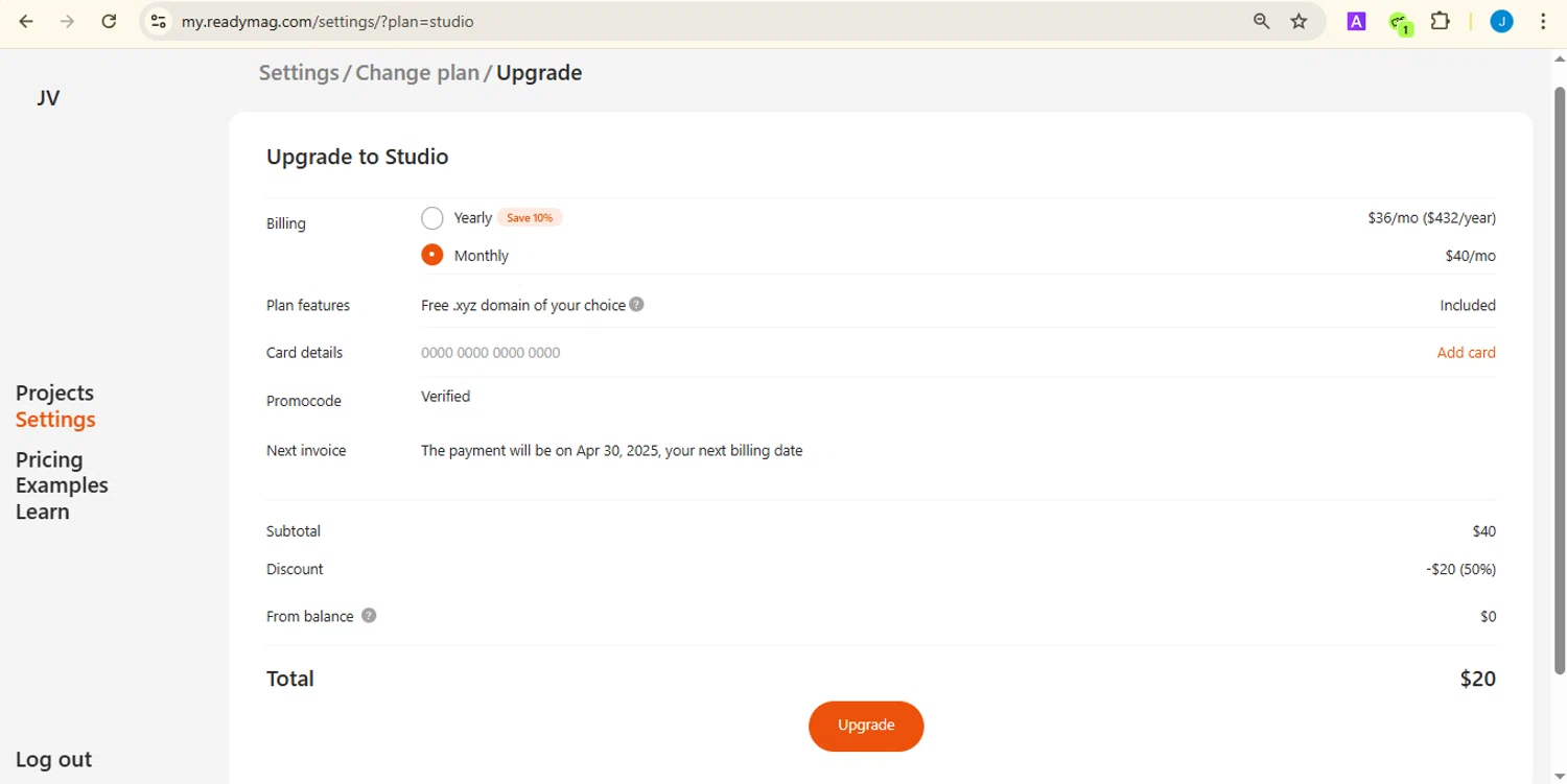 Readymag promo code screenshot showing code Elliot applied at Readymag checkout page. Uploaded by SimplyCodes community member jessicasuarez on Mar 31, 2025