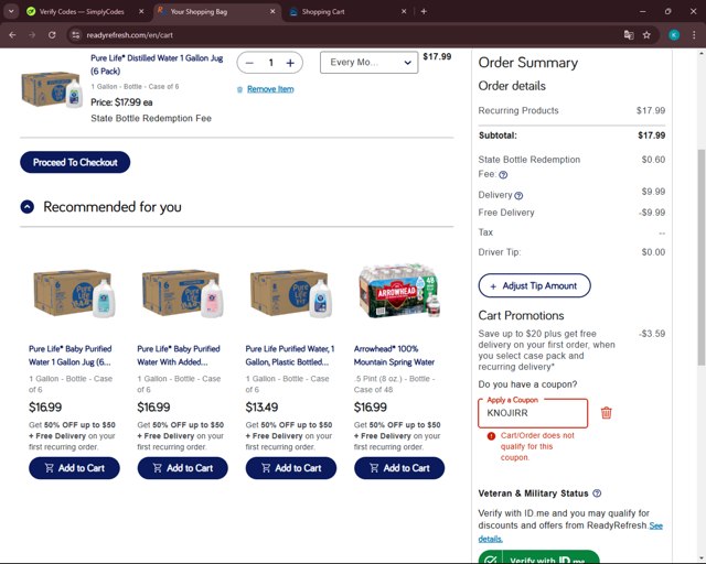 ReadyRefresh checkout page showing ReadyRefresh promo code box | Screenshot taken by SimplyCodes community member on Oct 31, 2024